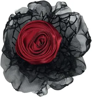 Black Lace Red Rose Flower Organza Small Brooches Lapel Pins for Women Men Elegant Fabric Floral Brooch Pin for Dresses Suit Wedding Banquet Clothes Accessories Fashion Jewelry 80mm
