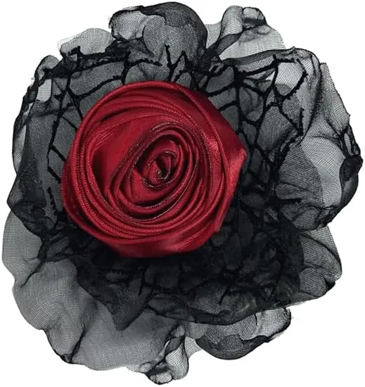 Black Lace Red Rose Flower Organza Small Brooches Lapel Pins for Women Men Elegant Fabric Floral Brooch Pin for Dresses Suit Wedding Banquet Clothes Accessories Fashion Jewelry 80mm