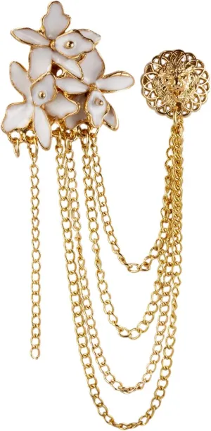 Lapel Pin Brooch for Men White and Gold Flowers with Hanging Chain and Abstract Detailing Brooch Costume Pin Shirt Studs