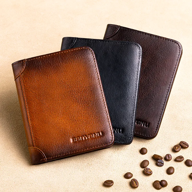 Men's RFID Shielded Tri-fold Genuine Leather Wallet, First-grain Cowhide Retro Short Multi-functional Credit Card Holder, Money Clip, Coin Purse