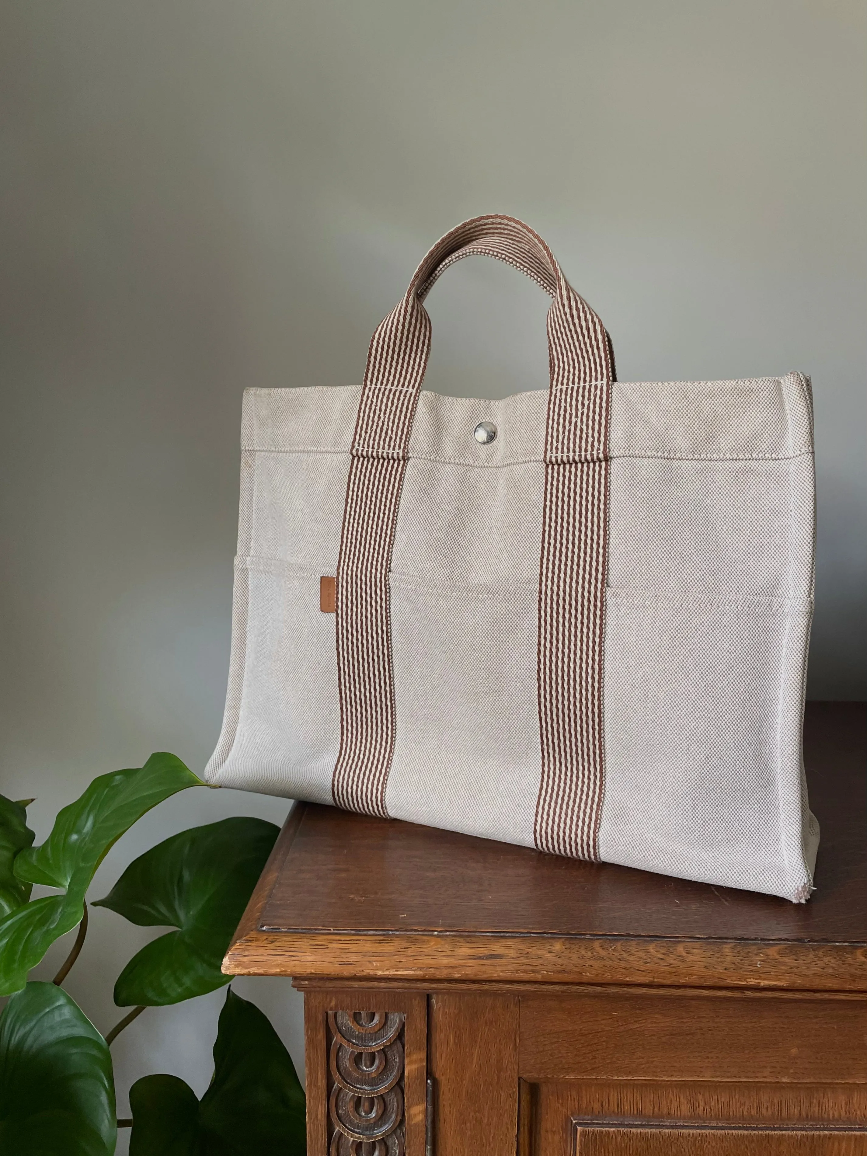 Vintage Designer Herms Cotton Canvas Tote Bag
