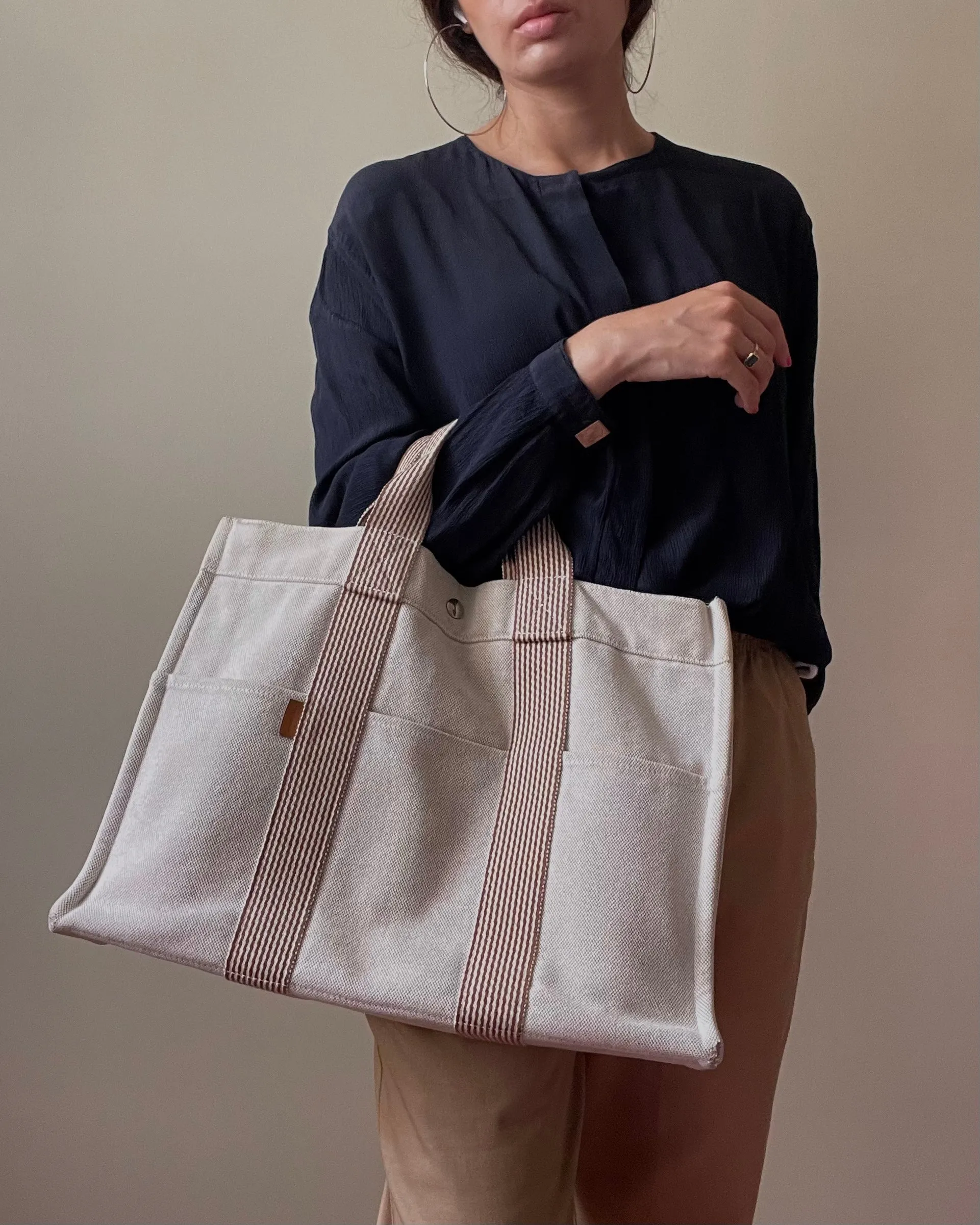 Vintage Designer Herms Cotton Canvas Tote Bag